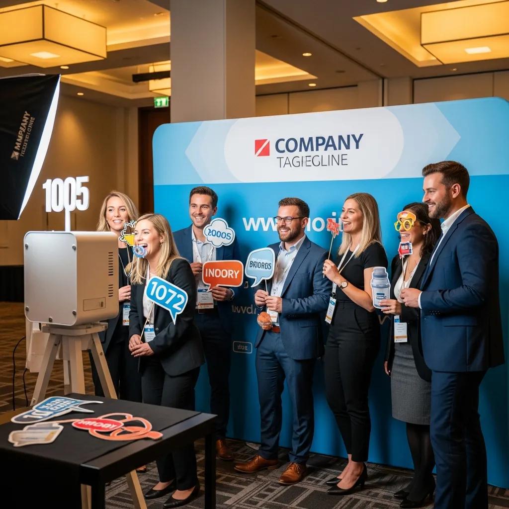 Group of corporate event attendees engaging with a photobooth, holding fun props and smiling, against a branded backdrop promoting company visibility and interaction.