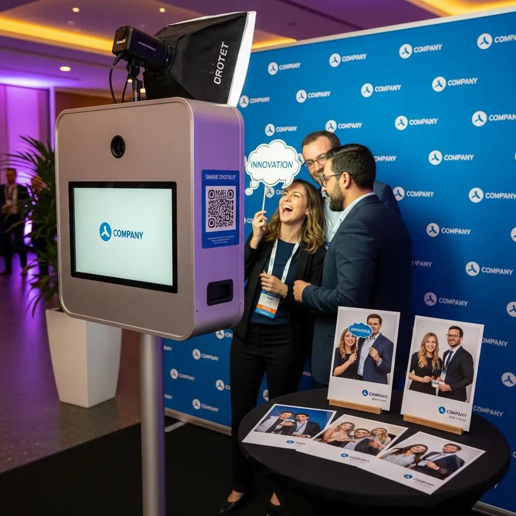 Photobooth at corporate event with attendees posing, branded backdrop, and printed photos featuring company logo and innovation theme.