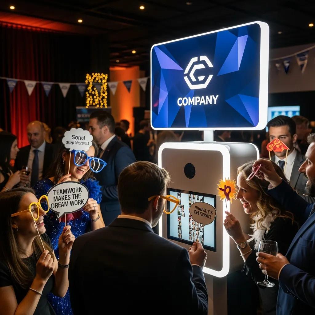Corporate photo booth at a Melbourne event with guests enjoying photo opportunities