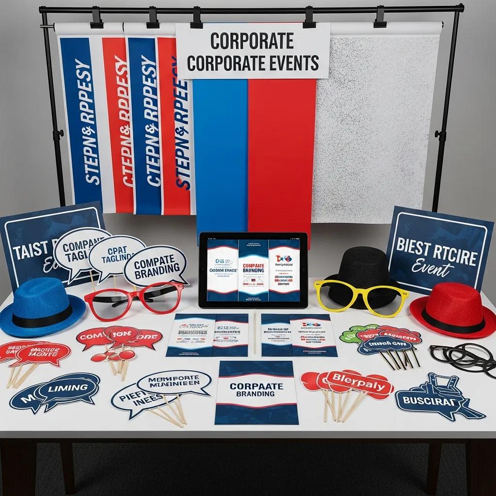 Customizable corporate photo booth elements including colorful backdrops, props, and branded signage showcasing event themes and marketing messages, ideal for enhancing guest engagement at corporate events.
