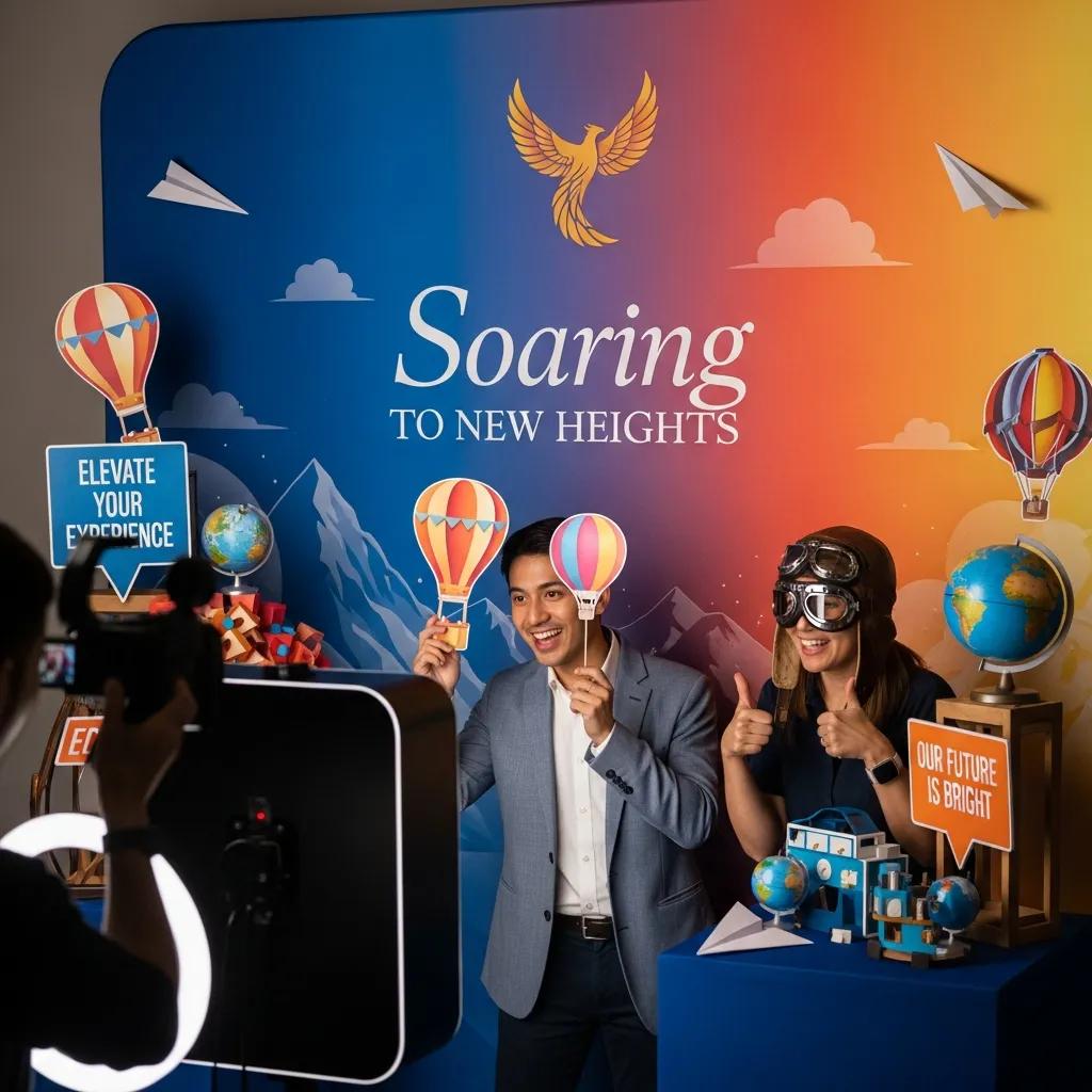 Customized photobooth backdrop featuring "Soaring to New Heights" theme, two guests holding props, vibrant colors, and corporate branding elements.