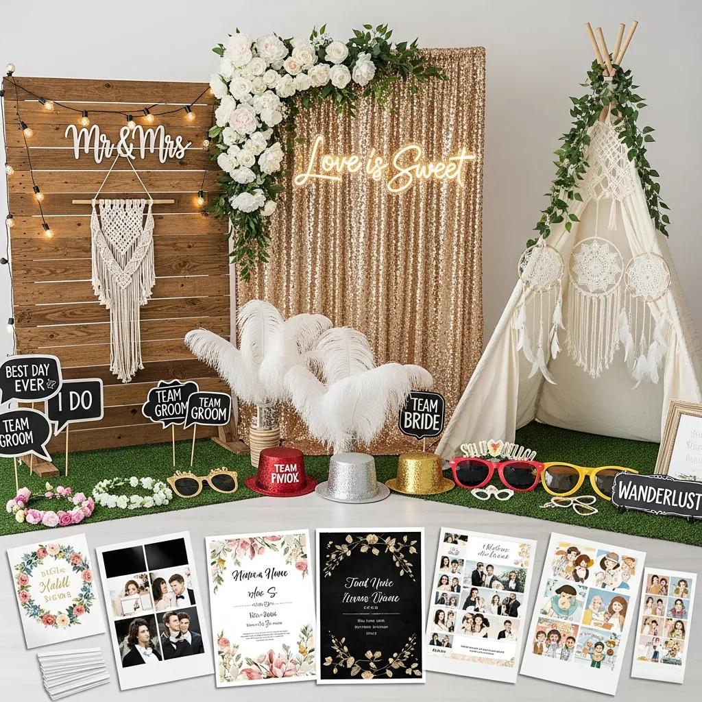 Personalised wedding photobooth with themed backdrops and props