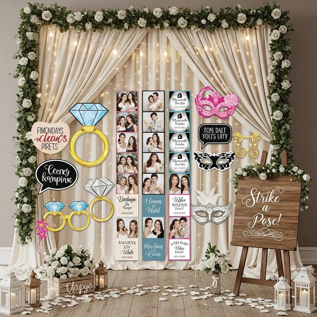 Custom wedding photobooth options with personalised photo strips and themed props