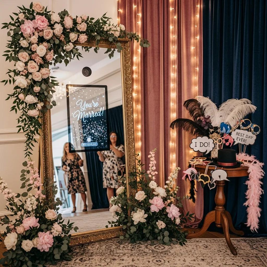 Elegant mirror booth setup at a wedding with guests interacting and floral decorations