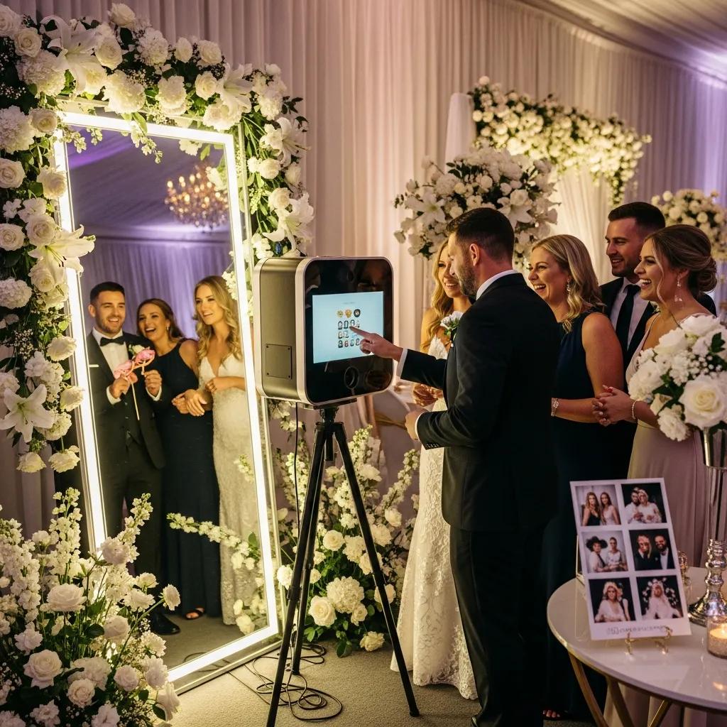 Elegant mirror photobooth at a Cranbourne wedding with guests interacting and posing