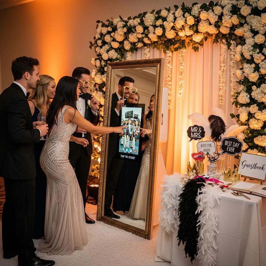 Elegant mirror photobooth at a wedding reception with guests interacting, enjoying the experience, and a floral backdrop, featuring props and a guestbook station.