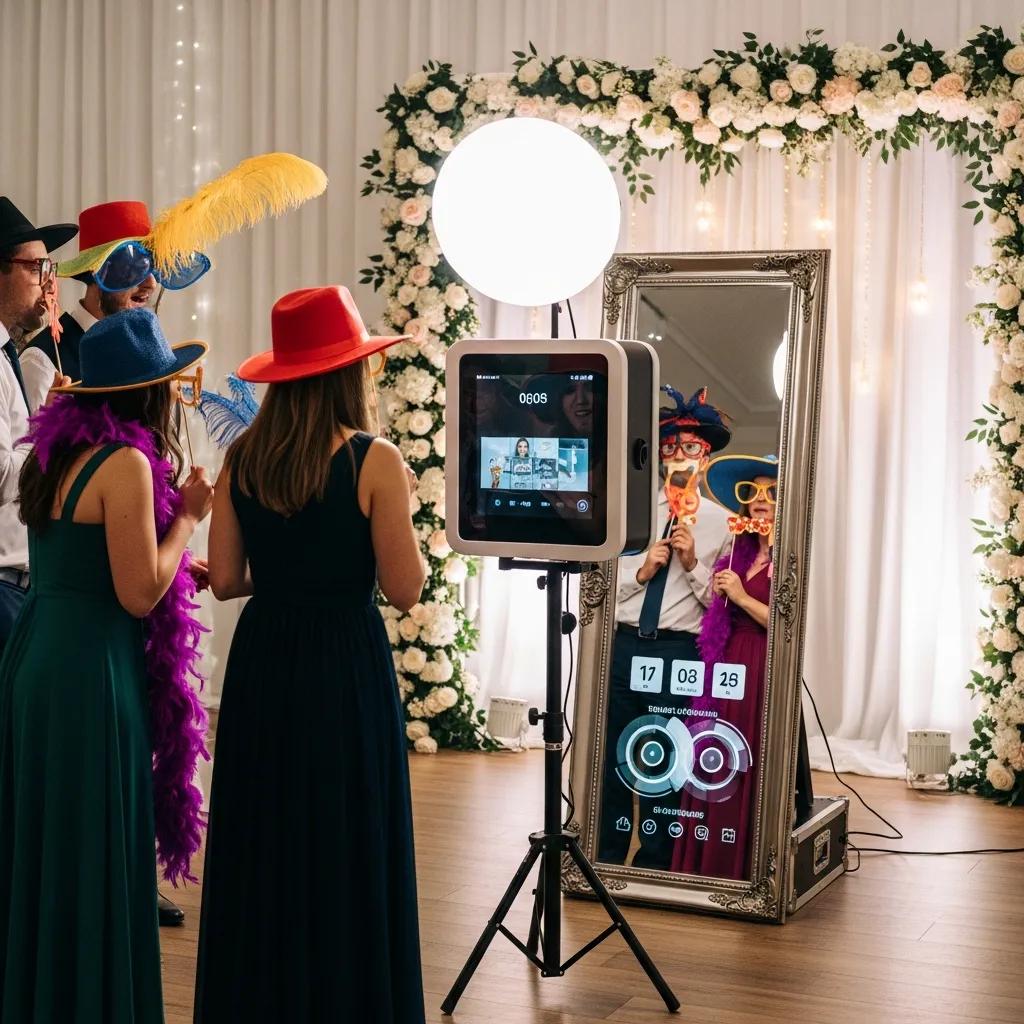 Guests interacting with an elegant mirror photobooth at a wedding reception, wearing colorful hats and accessories, with a floral backdrop and on-screen prompts for photo captures.