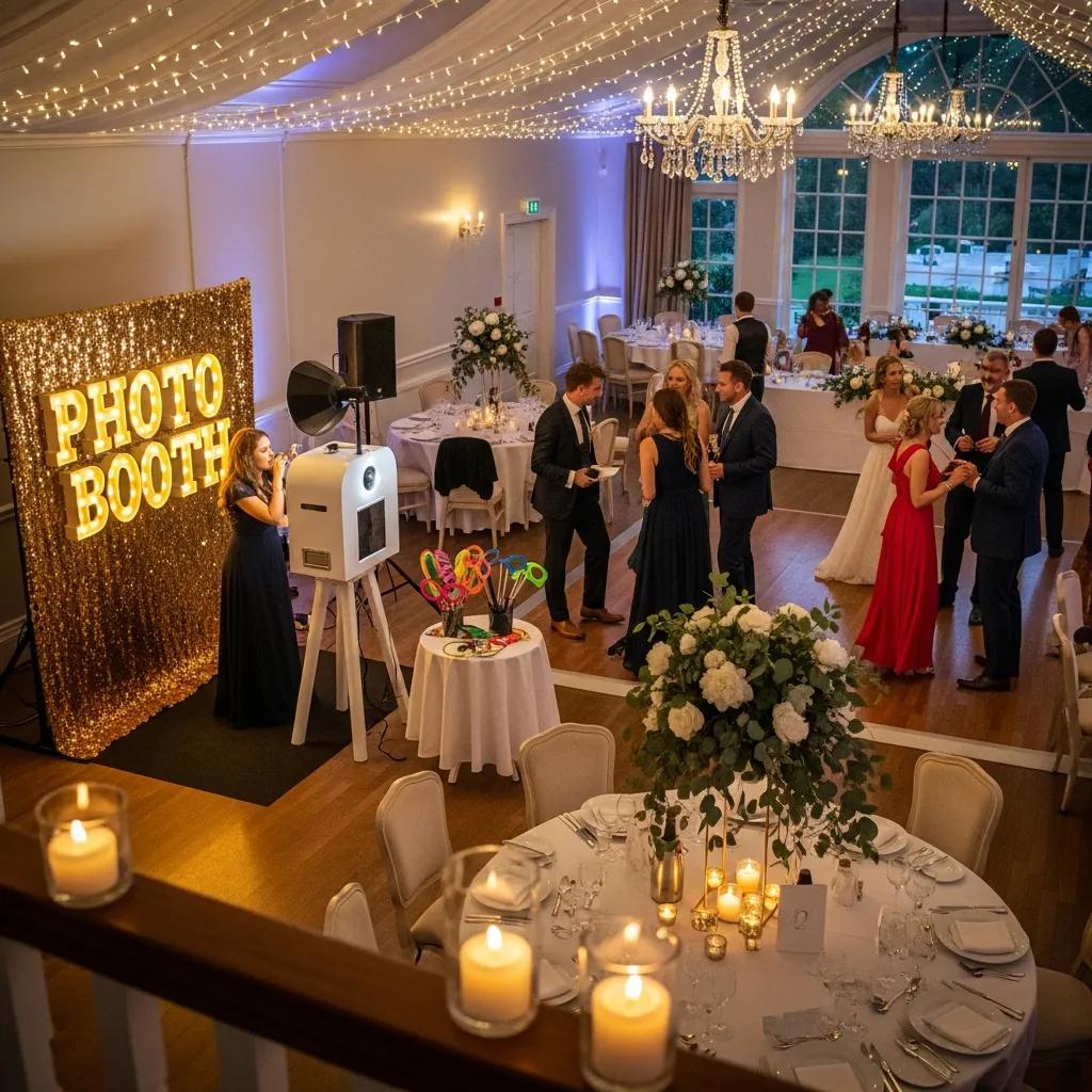 Photobooth setup near a reception hall dancefloor