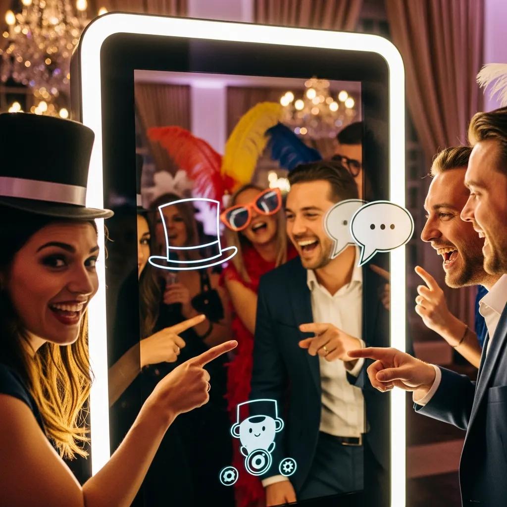 Guests using a mirror booth at a Melbourne event, personalising prints and interacting with the touchscreen