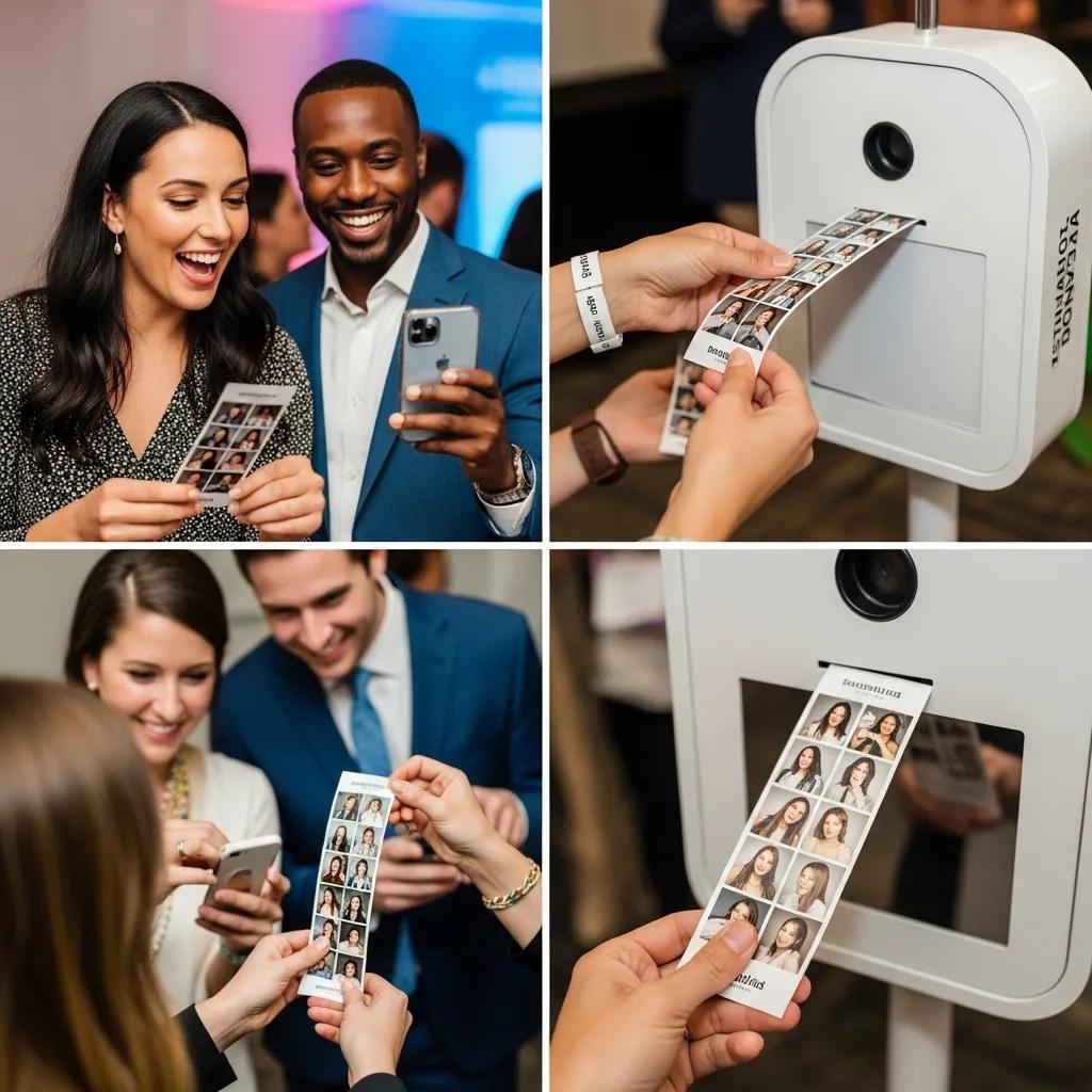 Guests engaging with a corporate photo booth, showcasing printed photo strips and social sharing, enhancing brand visibility and guest interaction at an event.