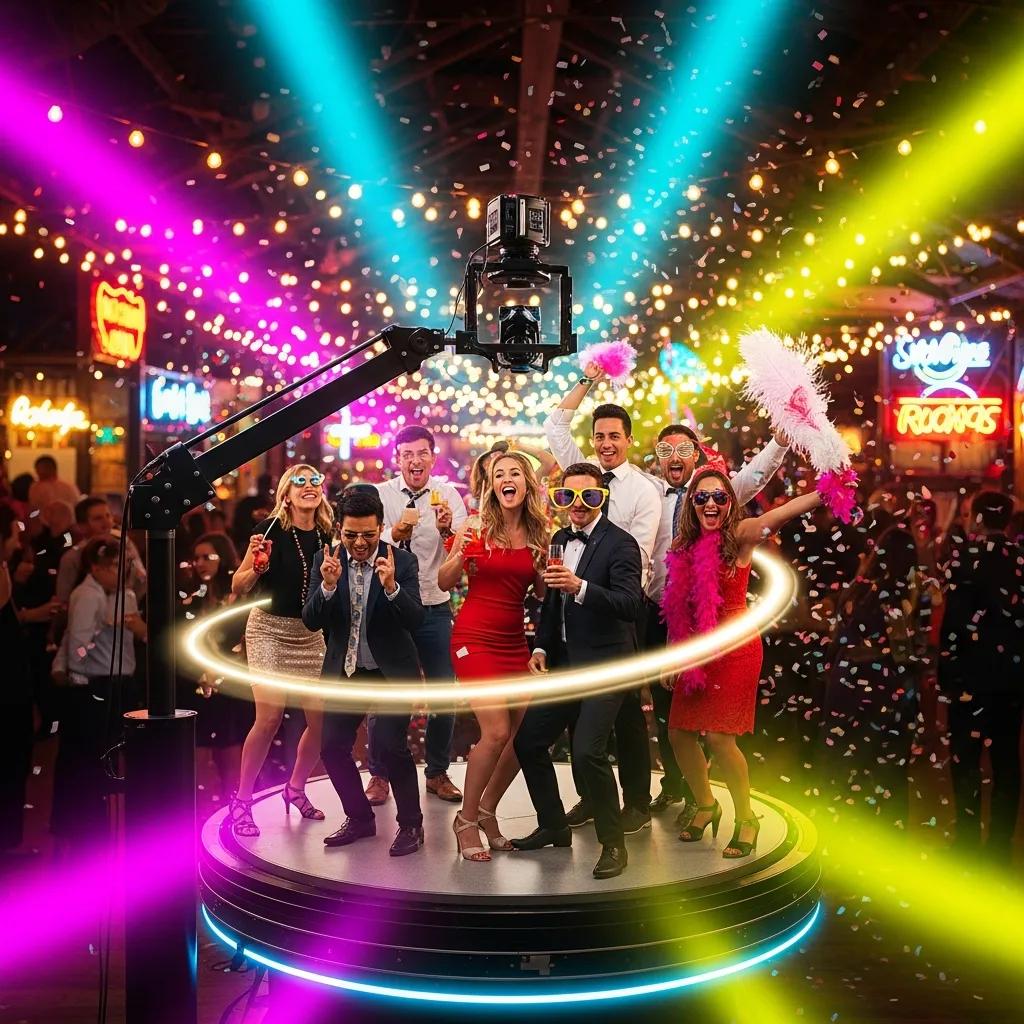 Guests having fun on a 360 photobooth platform at a Melbourne event, capturing dynamic slow-motion clips