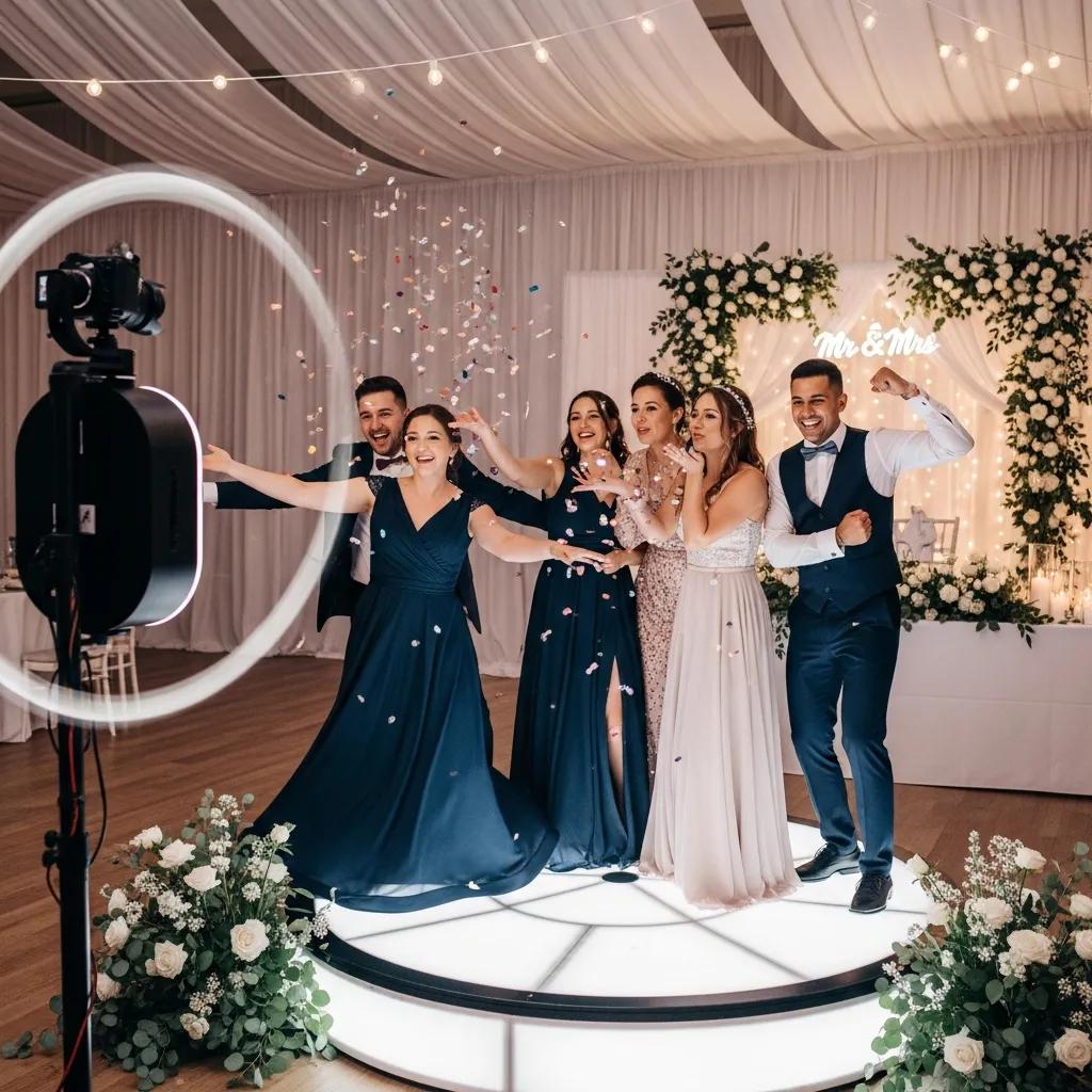Guests using a 360 photobooth at a wedding, creating dynamic slow-motion clips