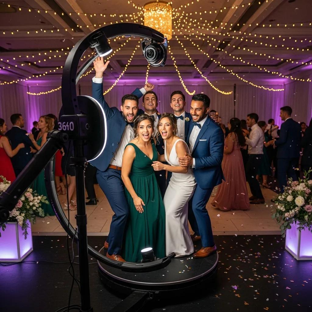 Guests enjoying a 360 photobooth experience at a wedding, capturing fun moments on a rotating platform with vibrant lighting and festive decorations.