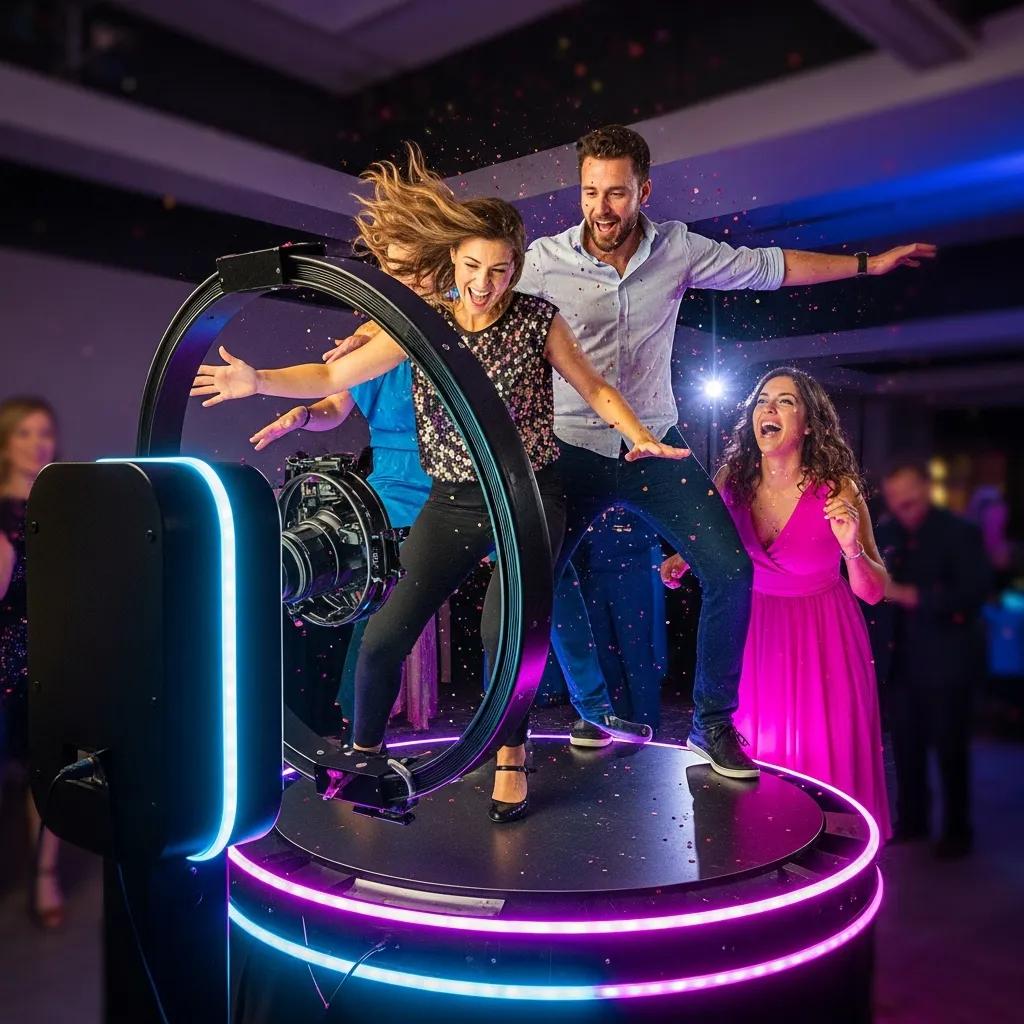 Guests enjoying a 360 photobooth experience with motion capture and atmospheric lighting