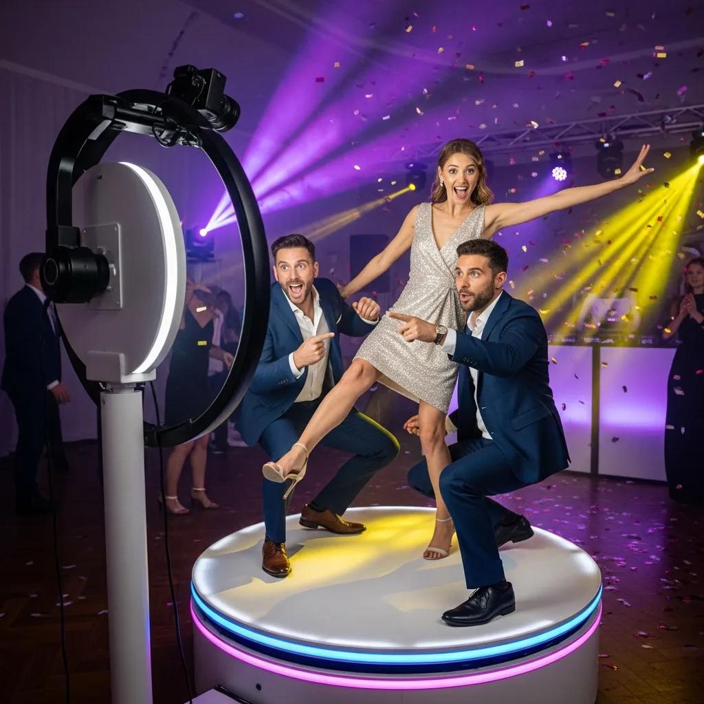 Guests enjoying a 360 video booth at a lively event, capturing dynamic interactions on a rotating platform with colorful lighting and confetti.