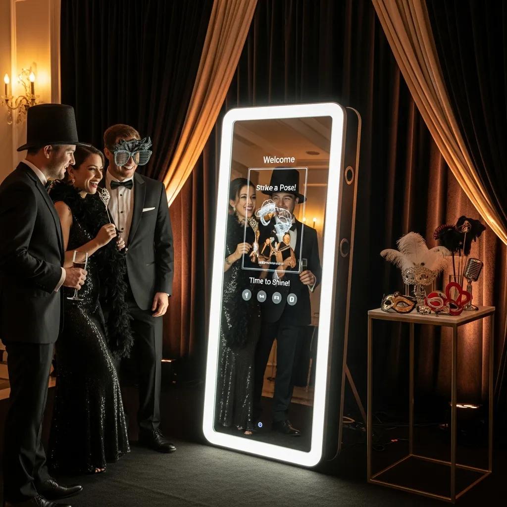 Guests interacting with a mirror photobooth at an upscale event, featuring a full-length reflective surface, touchscreen prompts, and elegant props for a polished, interactive experience.