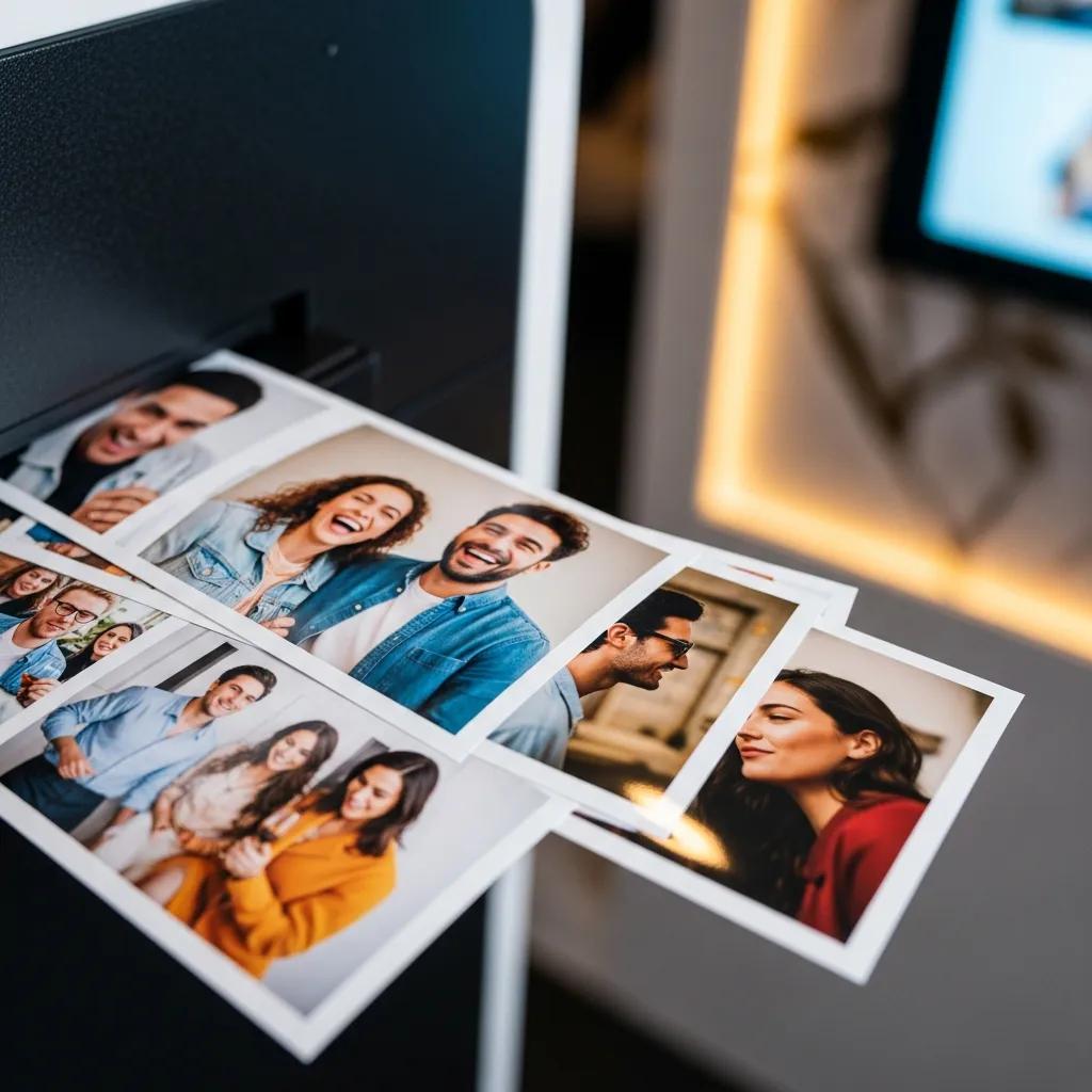 Photobooth prints showcasing vibrant colors and sharp details of smiling guests enjoying an event, highlighting the importance of image quality for memorable keepsakes.