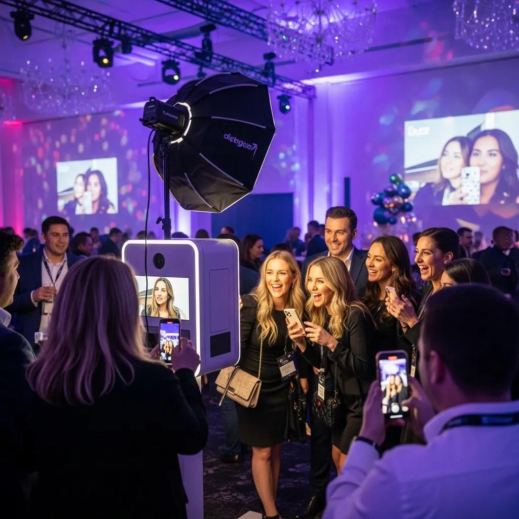 Modern photobooth at a corporate event in Melbourne with attendees engaging and capturing moments, vibrant lighting, and a festive atmosphere.