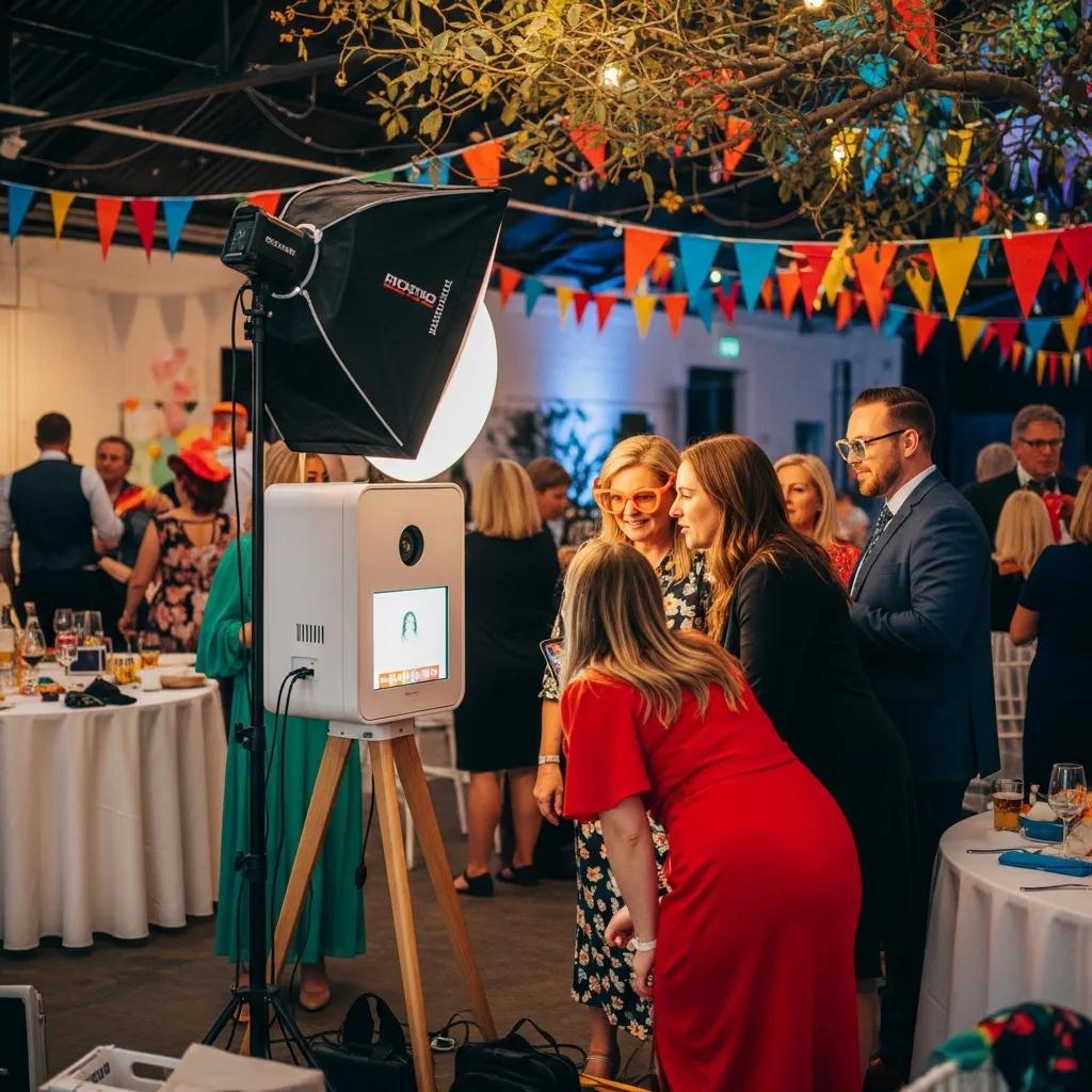 Guests enjoying a modern photobooth setup at a lively event in Cranbourne, featuring a sleek photobooth with a backdrop of colorful bunting and a festive atmosphere.