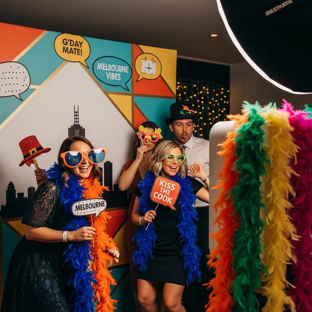 Guests enjoying a photobooth experience at a Melbourne event, wearing colorful props and costumes, with a vibrant backdrop featuring Melbourne-themed graphics.