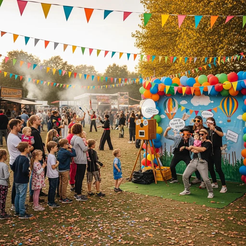 Outdoor festival scene with colorful bunting, families lining up for a photobooth, and attendees enjoying an interactive experience with props and costumes.