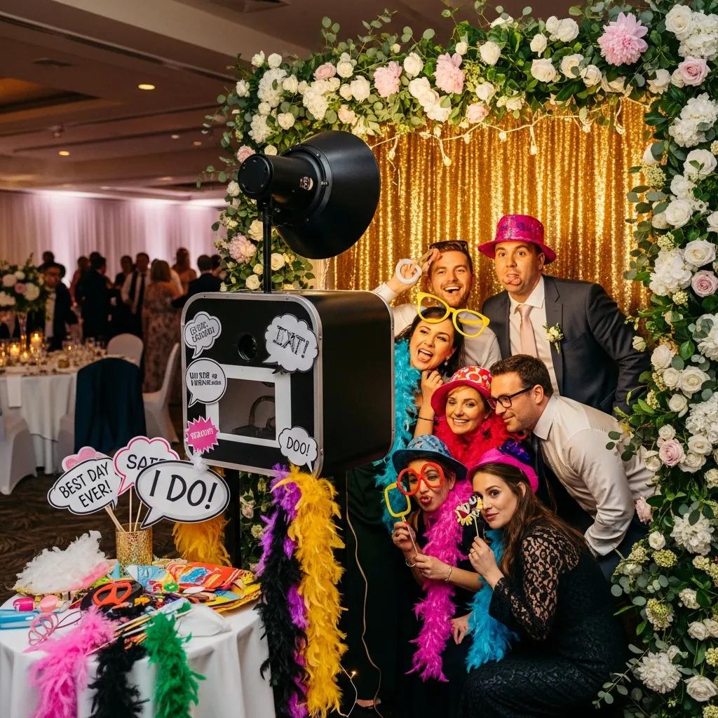 Photobooth at a wedding reception in Melbourne with guests enjoying props and accessories, surrounded by a floral backdrop and golden curtain.