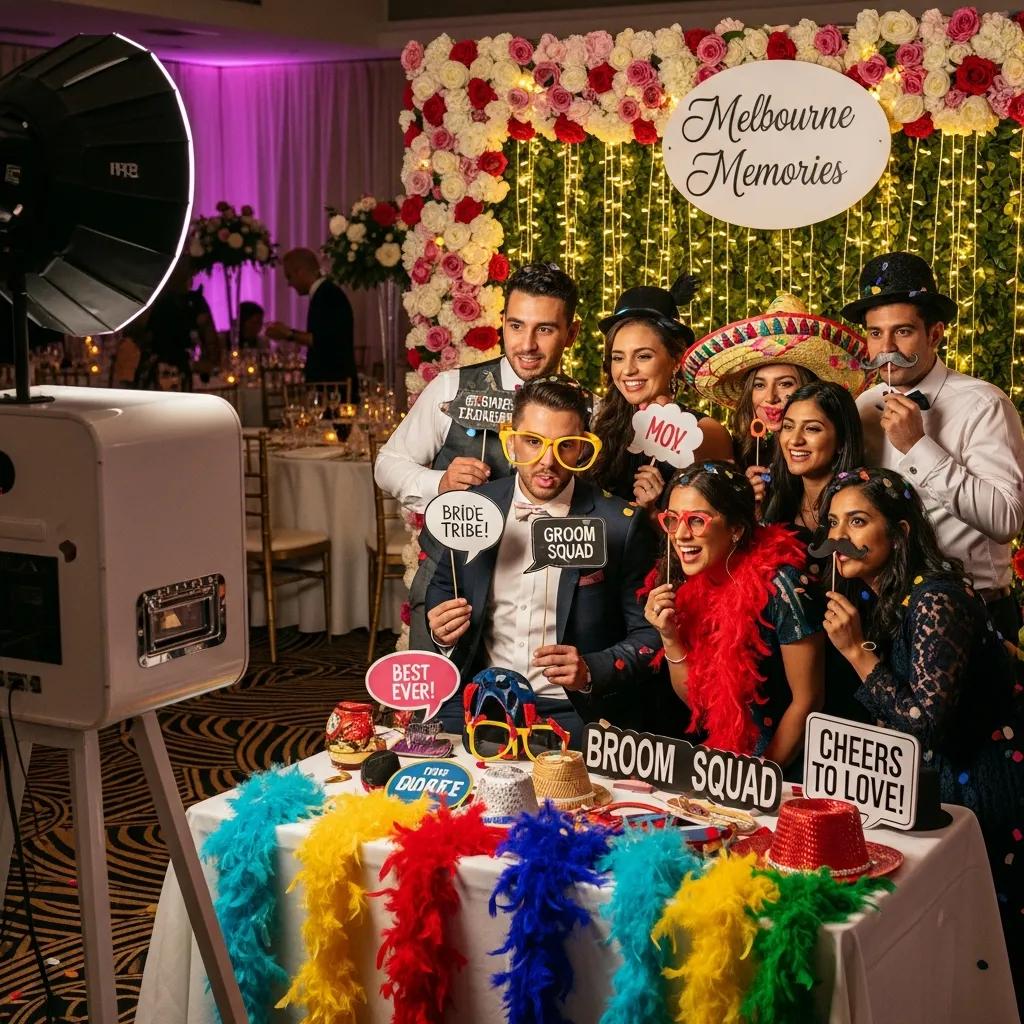 Photobooth setup at a Melbourne event with guests enjoying colorful props