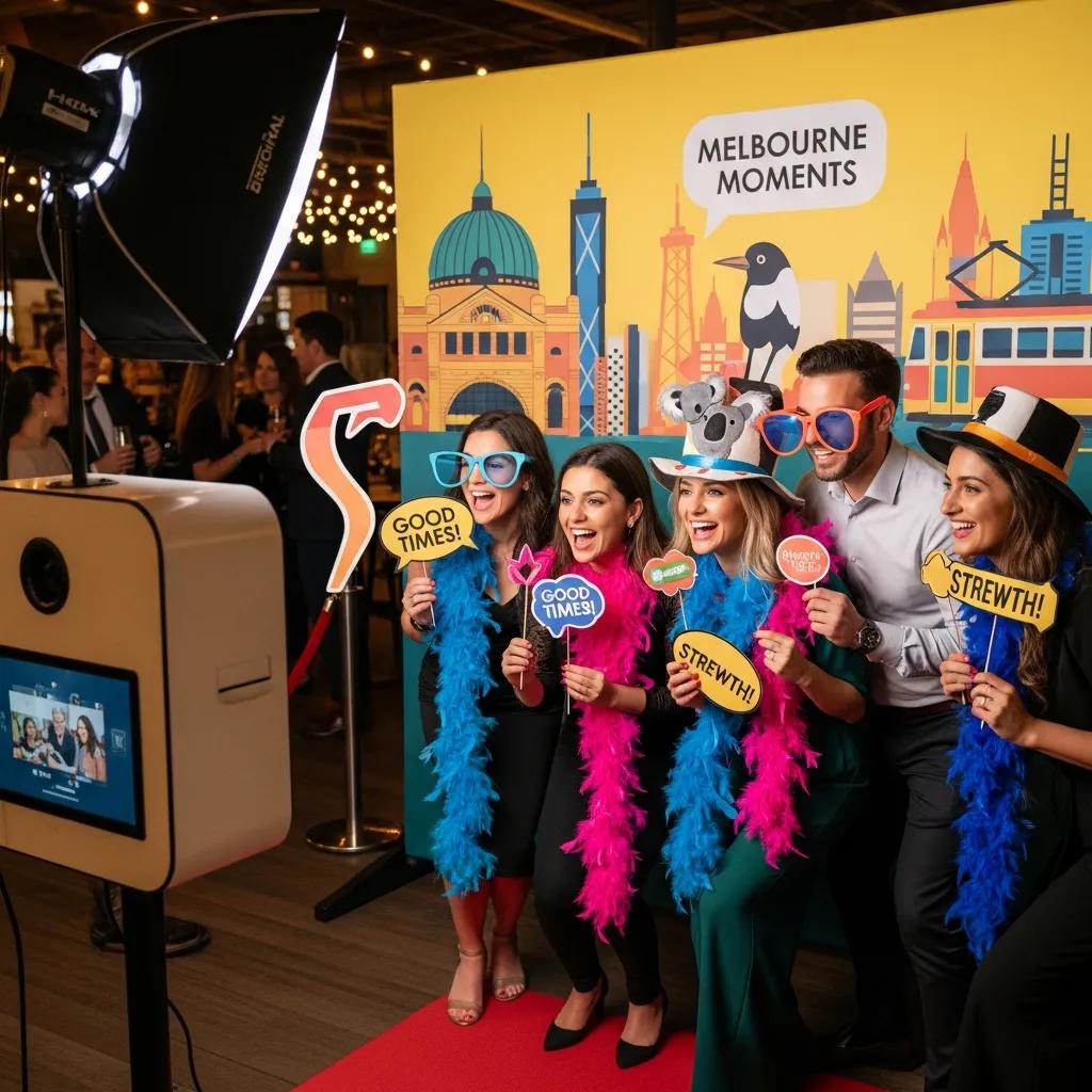 Photobooth setup at a Melbourne event with guests enjoying photo captures and colorful props