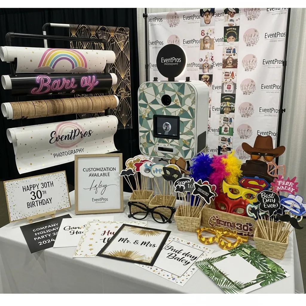 Customisation options for corporate photobooths, with branded elements and props