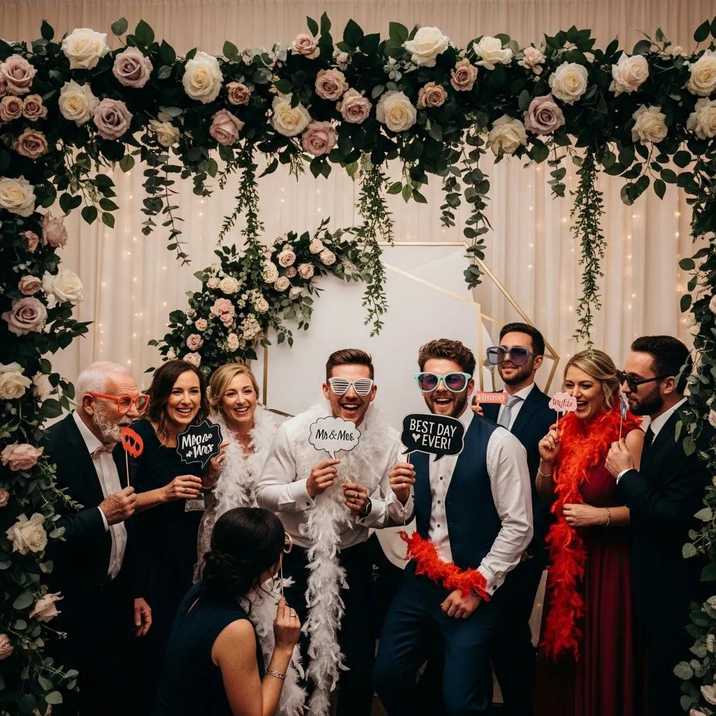 Wedding photobooth setup at a Melbourne wedding with guests enjoying the experience