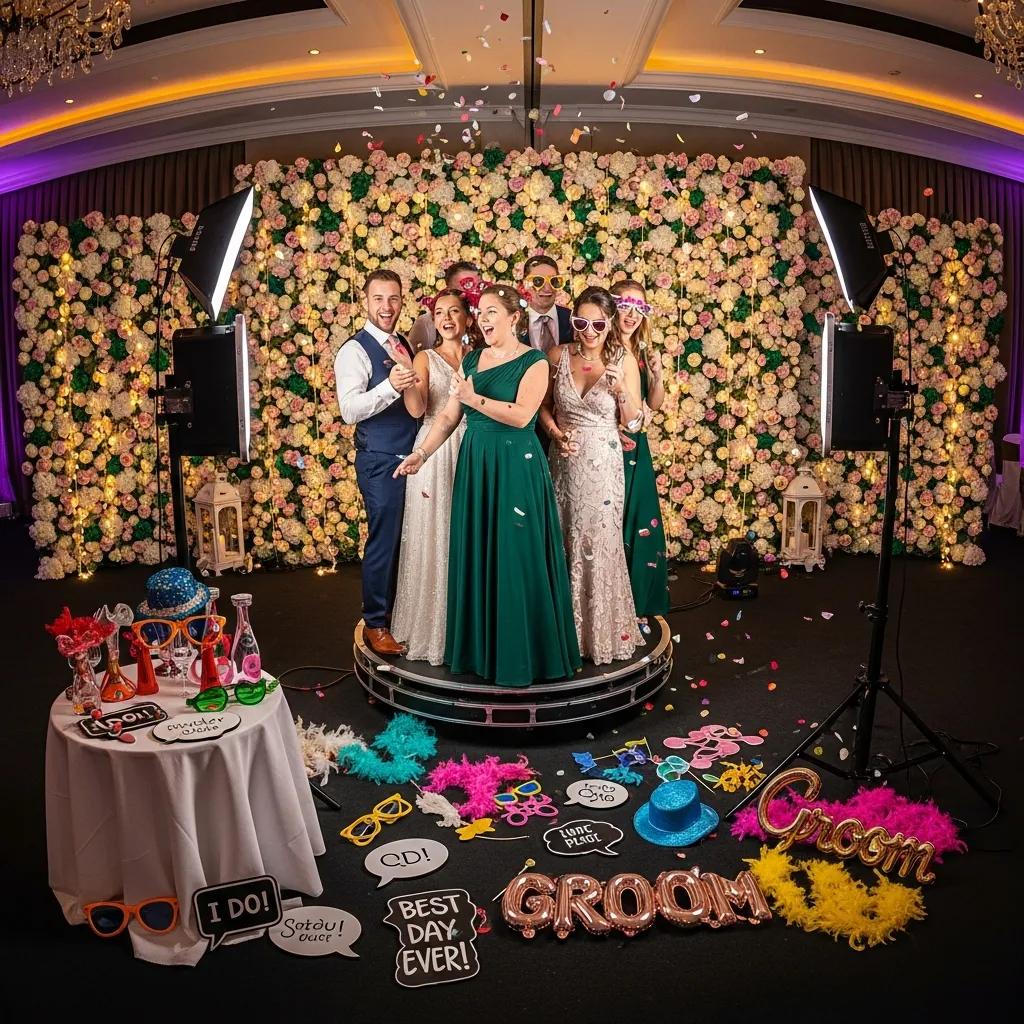 Wedding guests enjoying a 360 photobooth experience with a floral backdrop, playful props, and confetti, capturing joyful moments at a Melbourne wedding event.