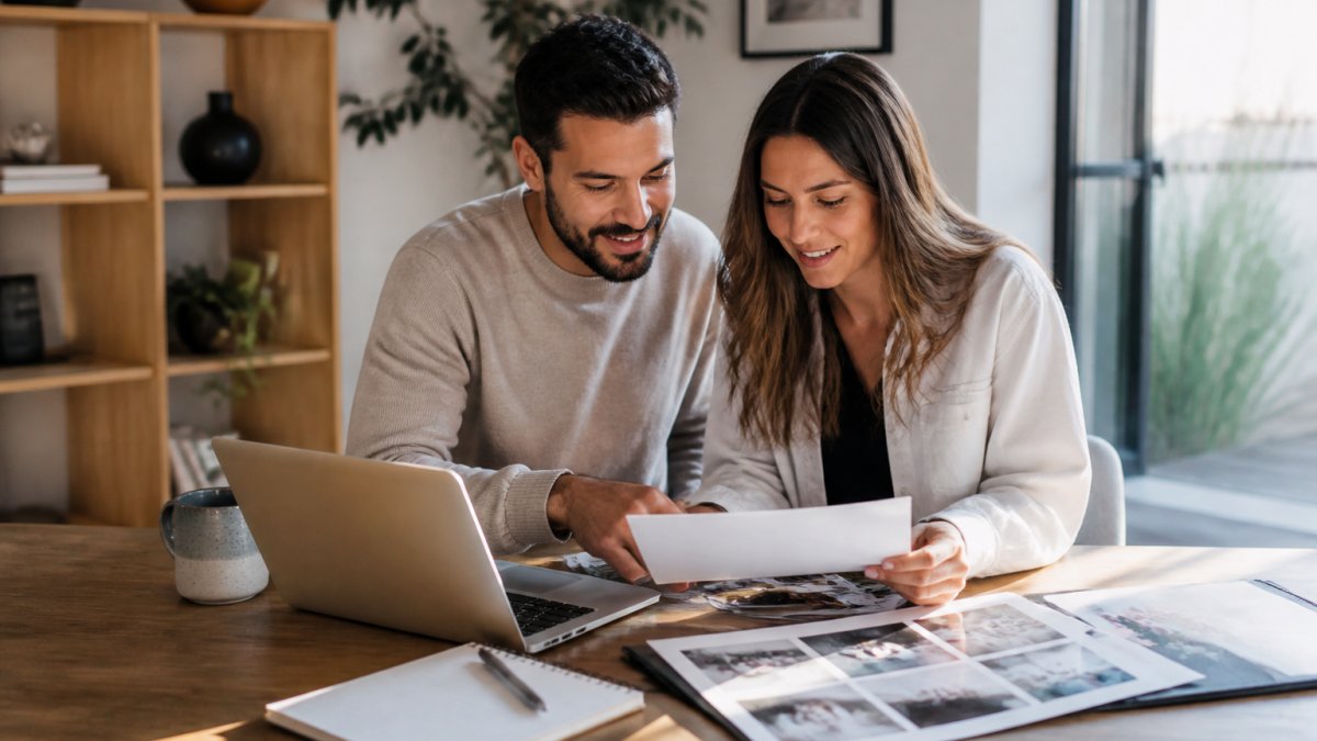 A couple sitting at a wooden table with a laptop, notebook, and pen, reviewing a wedding planning checklist together in a bright home setting
